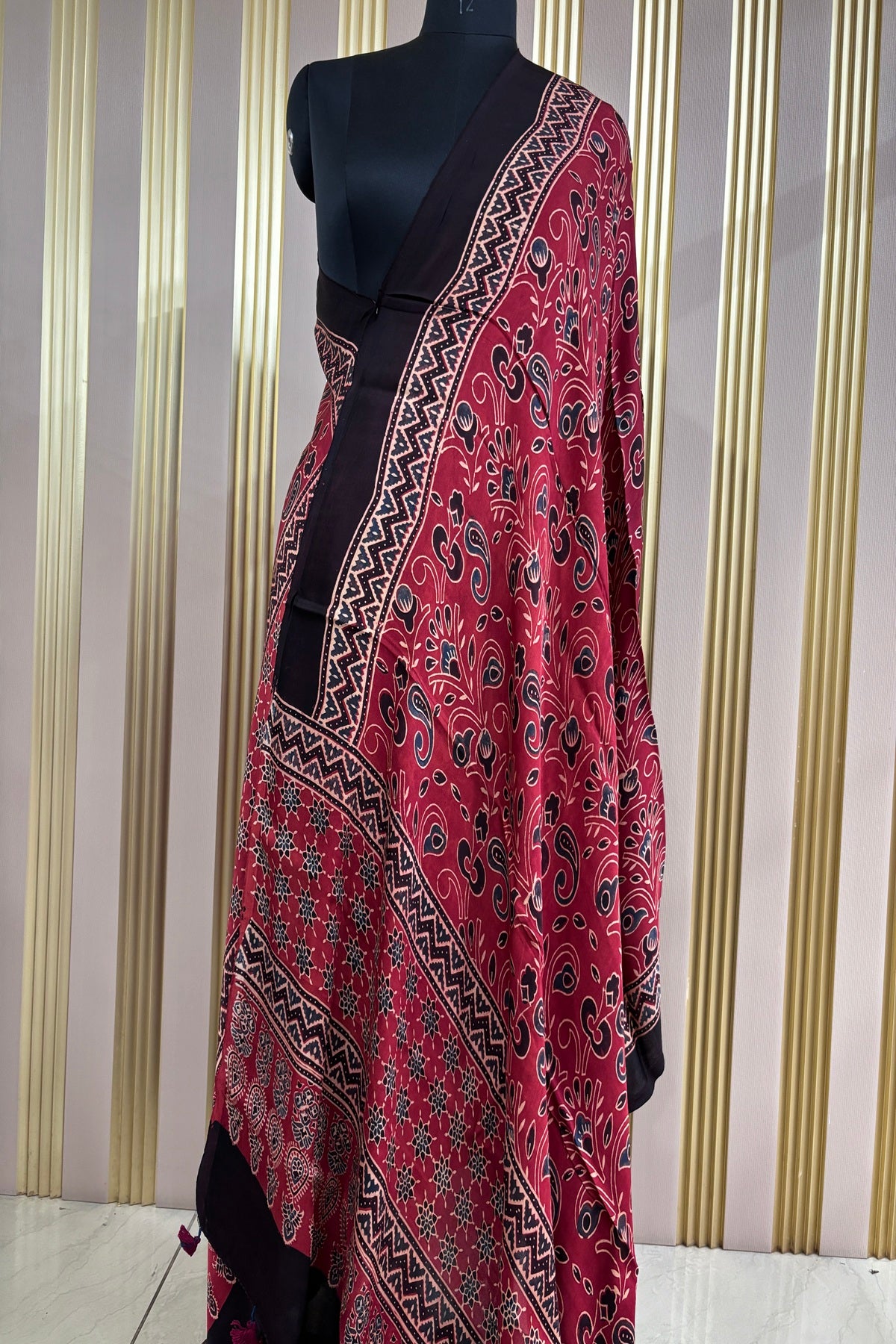 Rust Red Floral Patterned Modal Satin Ajrak Dupatta With Black Border