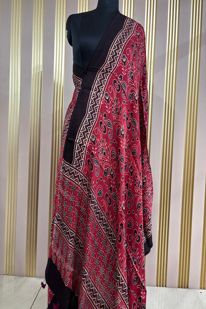 Rust Red Floral Patterned Modal Satin Ajrak Dupatta With Black Border