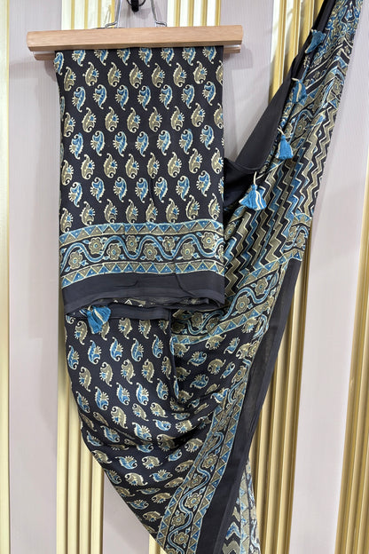Dark Coffee Brown Traditional Patterned Modal Satin Ajrak Dupatta