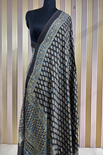 Dark Coffee Brown Traditional Patterned Modal Satin Ajrak Dupatta