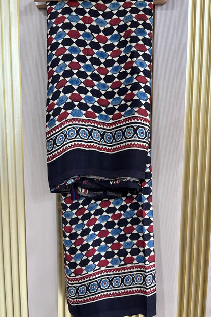 Black Geometrical Patterned Modal Satin Ajrak Dupatta