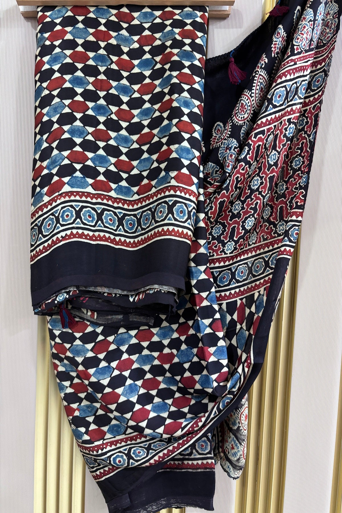 Black Geometrical Patterned Modal Satin Ajrak Dupatta