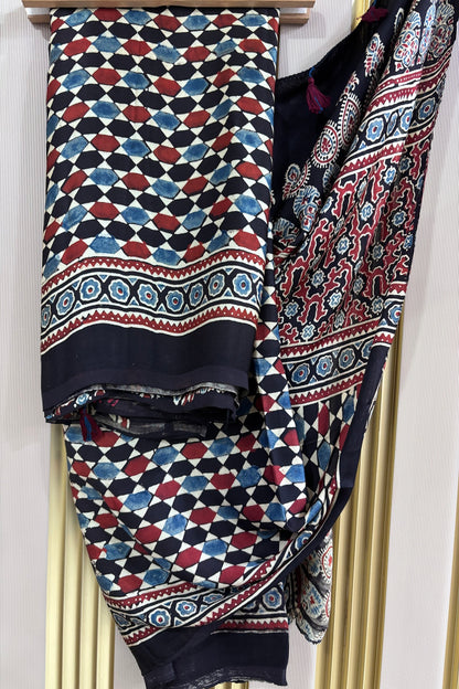 Black Geometrical Patterned Modal Satin Ajrak Dupatta