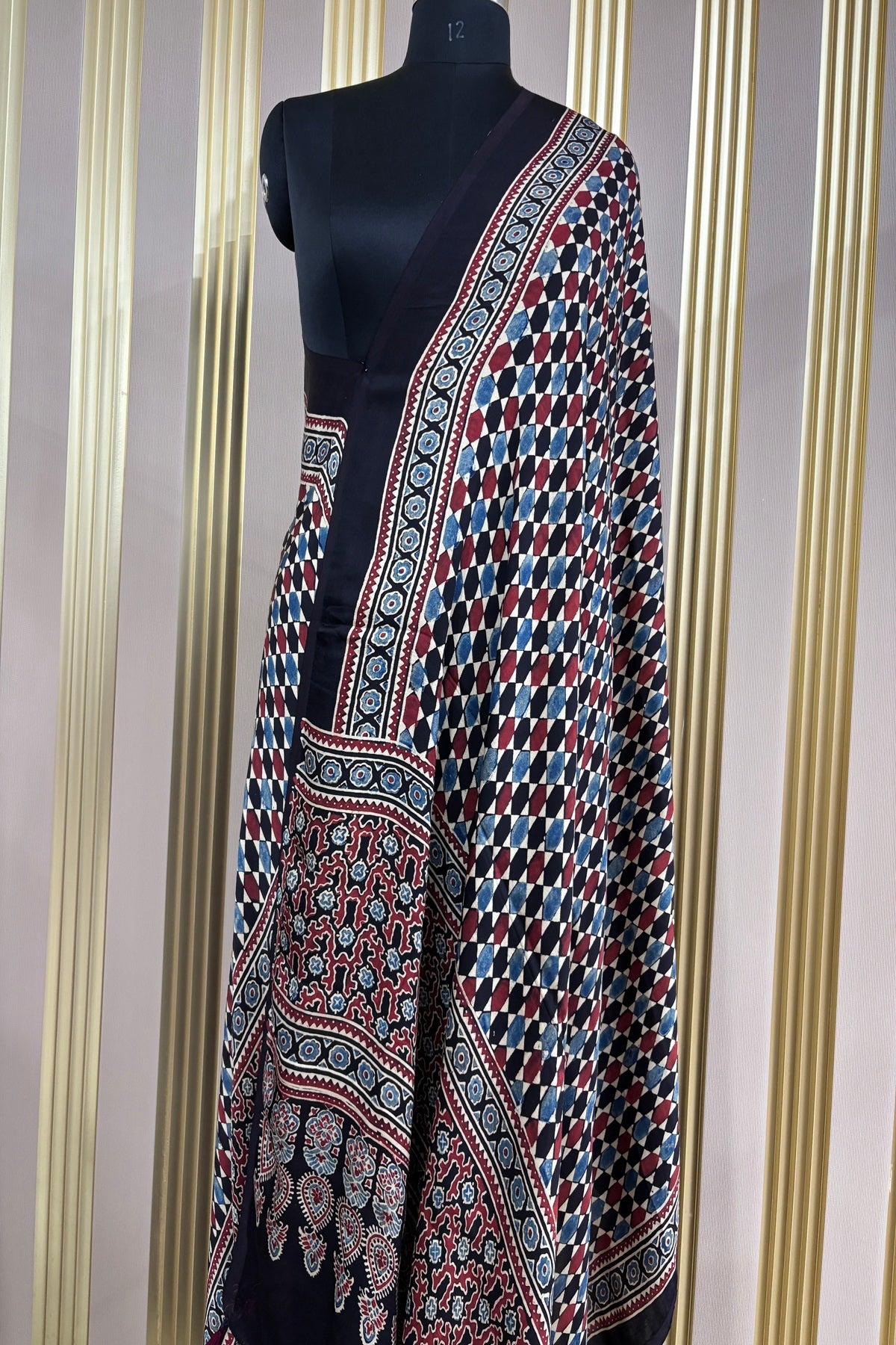 Black Geometrical Patterned Modal Satin Ajrak Dupatta