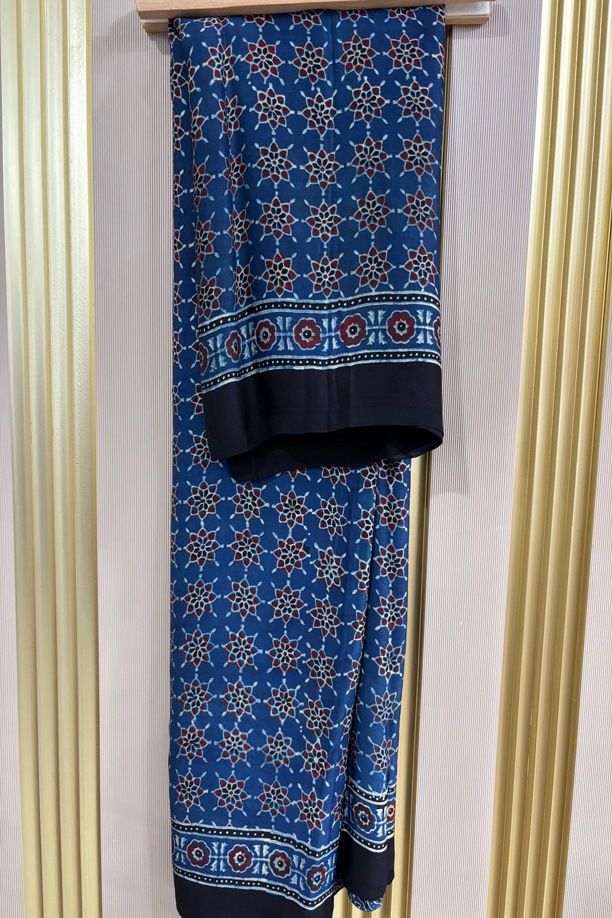 Indigo Blue Traditional Patterned Modal Satin Ajrak Dupatta With Black Border