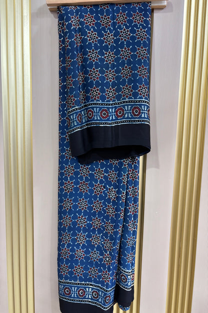 Indigo Blue Traditional Patterned Modal Satin Ajrak Dupatta With Black Border