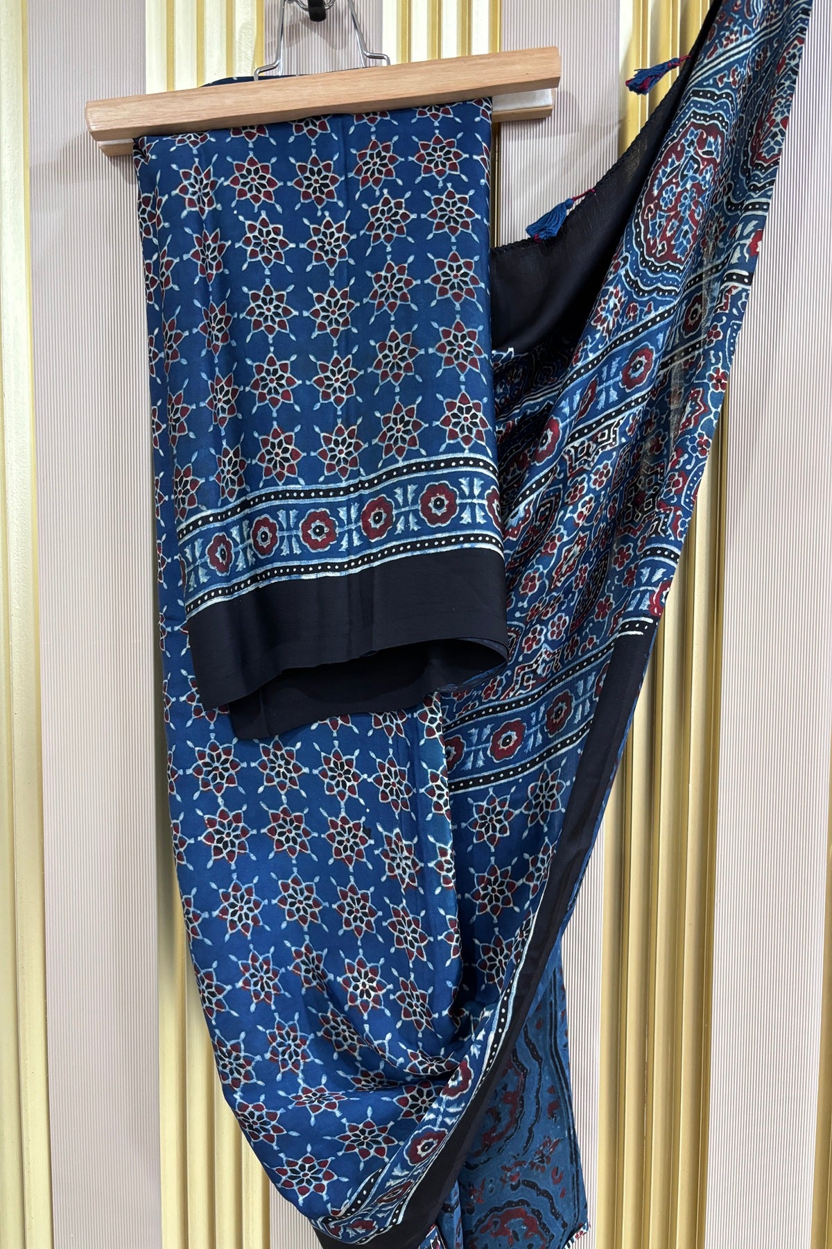 Indigo Blue Traditional Patterned Modal Satin Ajrak Dupatta With Black Border