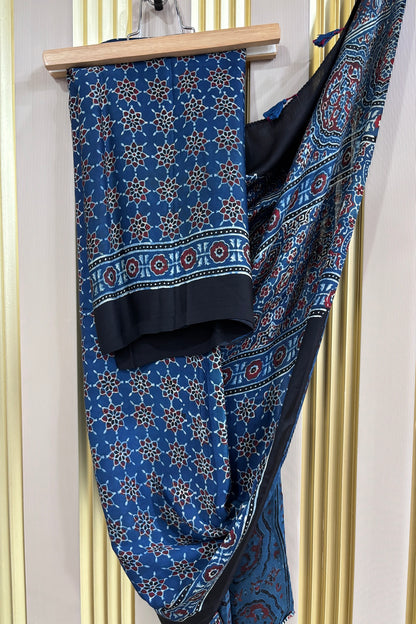 Indigo Blue Traditional Patterned Modal Satin Ajrak Dupatta With Black Border