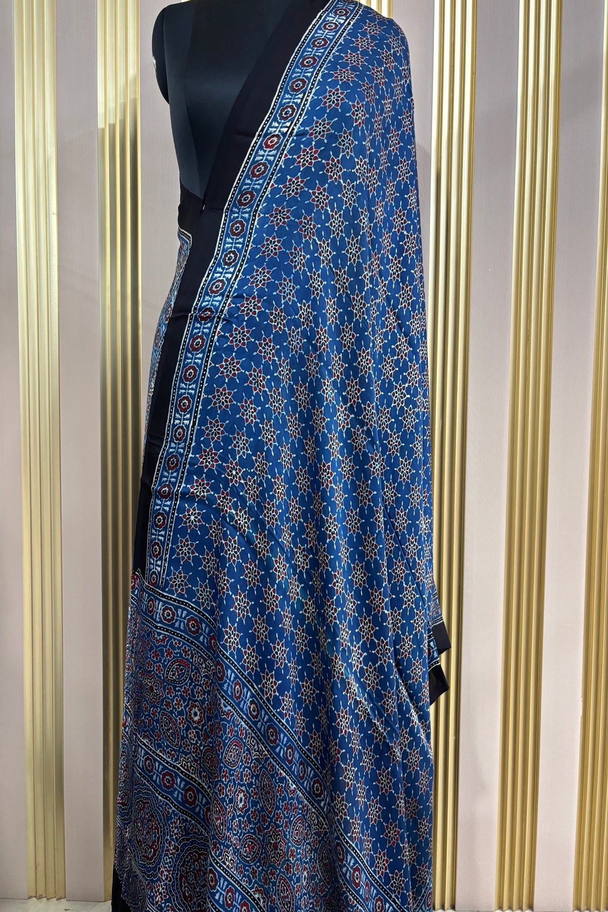 Indigo Blue Traditional Patterned Modal Satin Ajrak Dupatta With Black Border