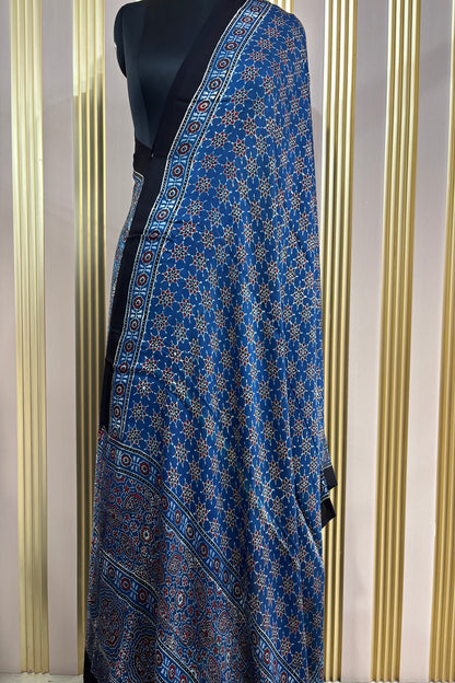 Indigo Blue Traditional Patterned Modal Satin Ajrak Dupatta With Black Border