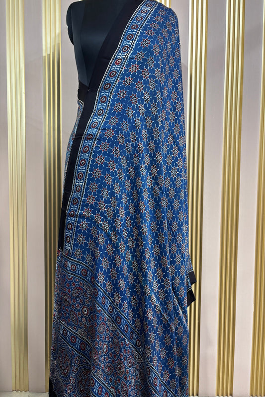 Indigo Blue Traditional Patterned Modal Satin Ajrak Dupatta With Black Border