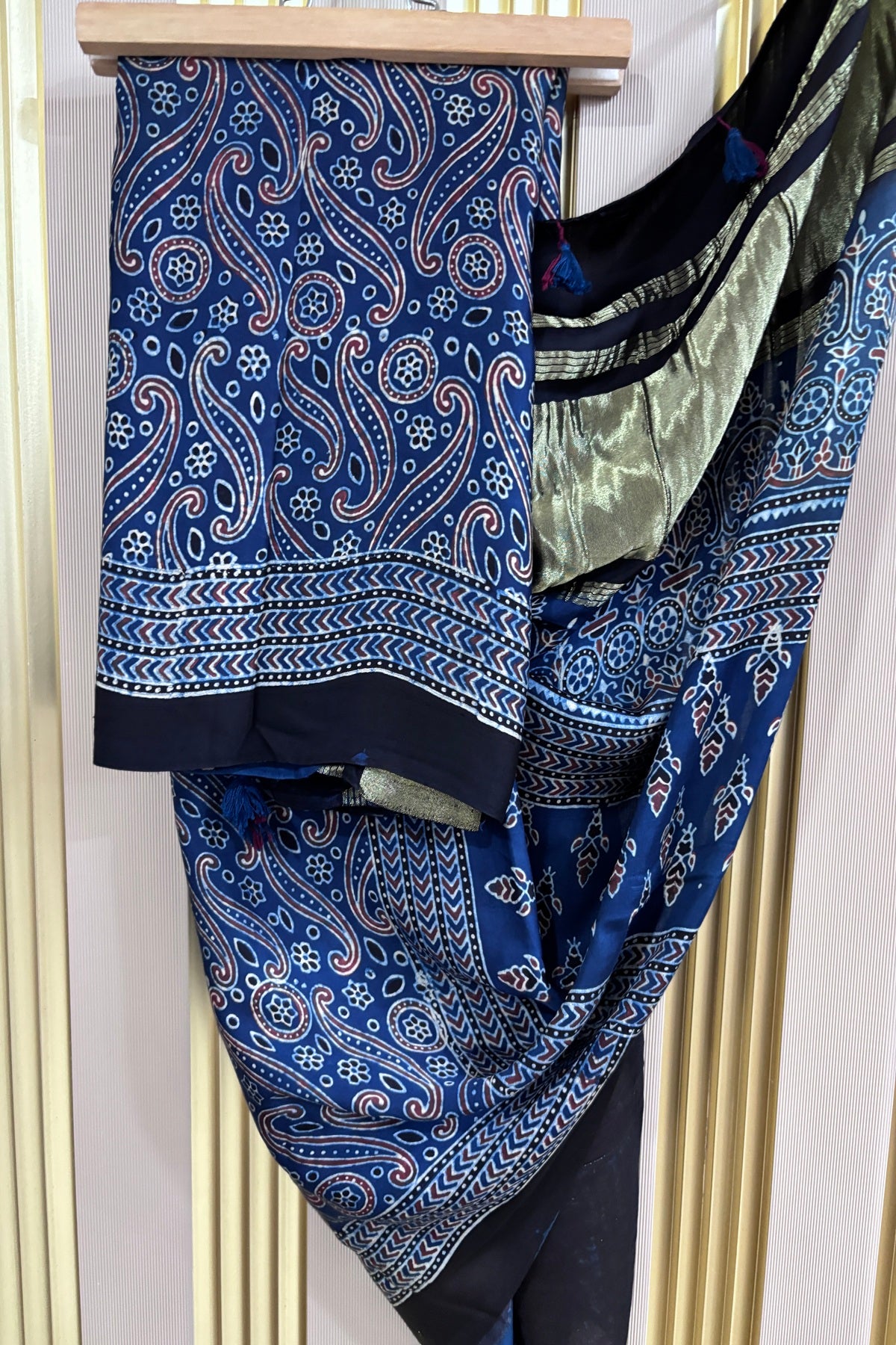 Indigo Blue  Paisley Pattern Printed Modal Satin Ajrak Printed Dupatta With Lagadi Patta Border