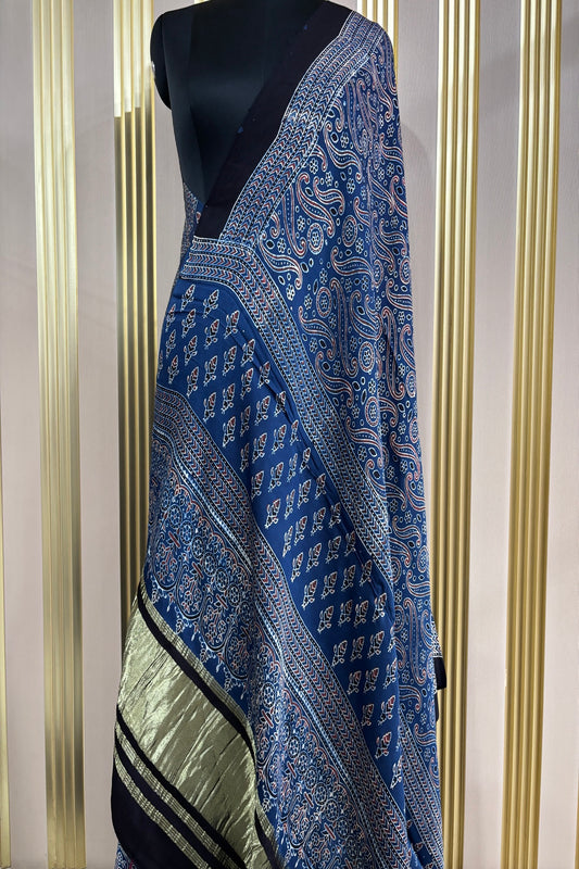Indigo Blue  Paisley Pattern Printed Modal Satin Ajrak Printed Dupatta With Lagadi Patta Border