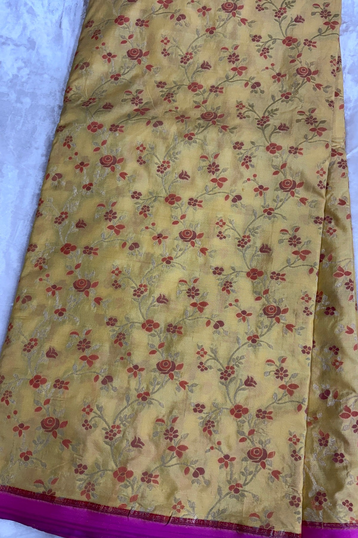 Silver Zari Jaal With Multi Floral Woven Pure Katan Silk Fabric