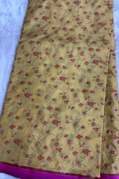 Silver Zari Jaal With Multi Floral Woven Pure Katan Silk Fabric