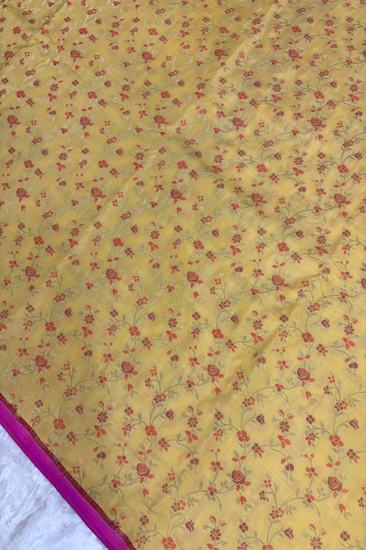 Silver Zari Jaal With Multi Floral Woven Pure Katan Silk Fabric