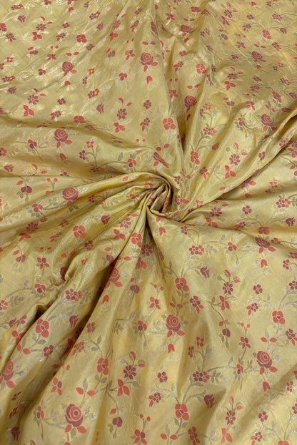 Silver Zari Jaal With Multi Floral Woven Pure Katan Silk Fabric