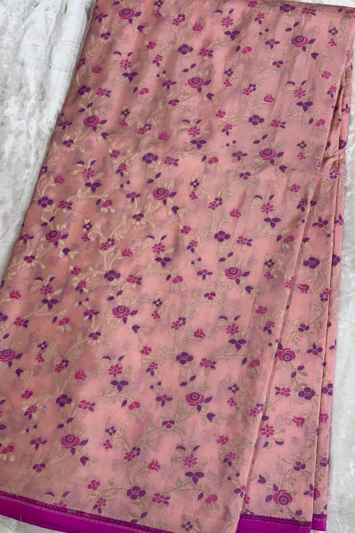 Silver Zari Jaal With Multi Floral Woven Pure Katan Silk Fabric