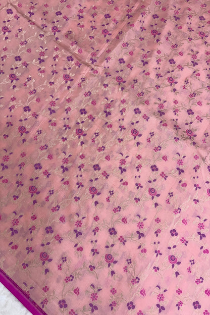 Silver Zari Jaal With Multi Floral Woven Pure Katan Silk Fabric