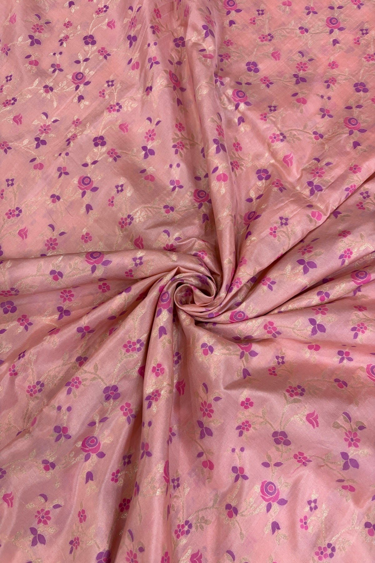 Silver Zari Jaal With Multi Floral Woven Pure Katan Silk Fabric