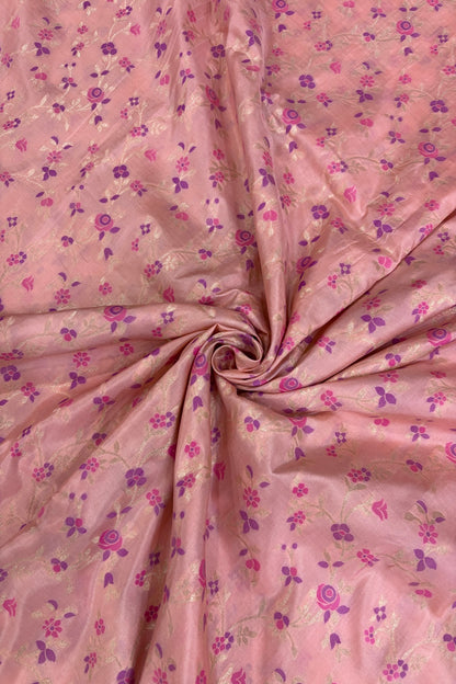 Silver Zari Jaal With Multi Floral Woven Pure Katan Silk Fabric