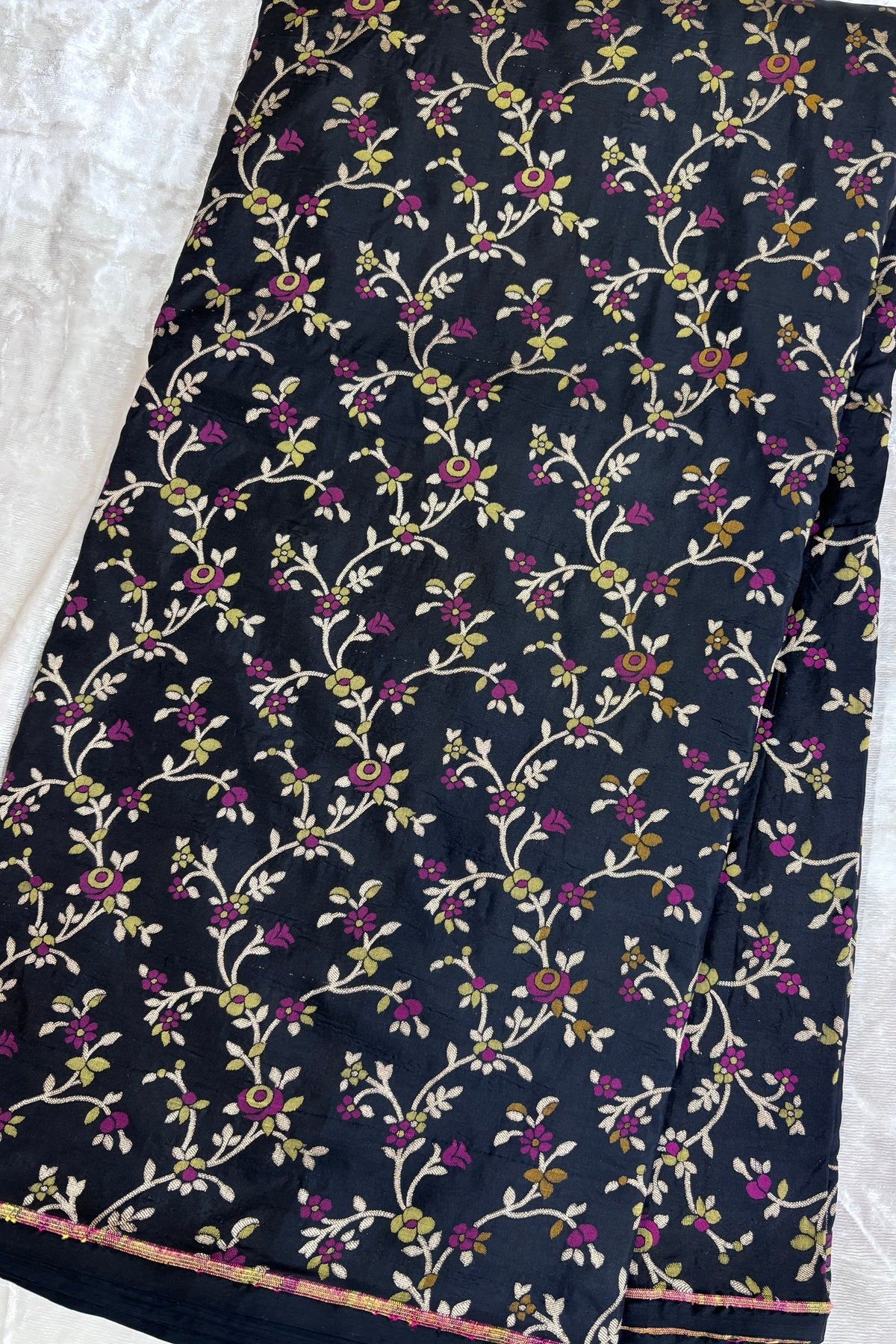 Silver Zari Jaal With Multi Floral Woven Pure Katan Silk Fabric