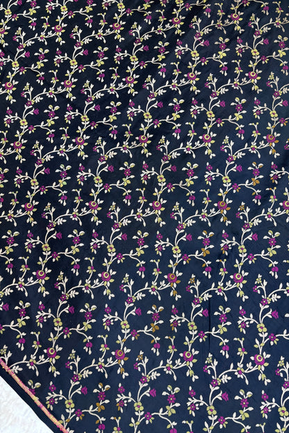 Silver Zari Jaal With Multi Floral Woven Pure Katan Silk Fabric