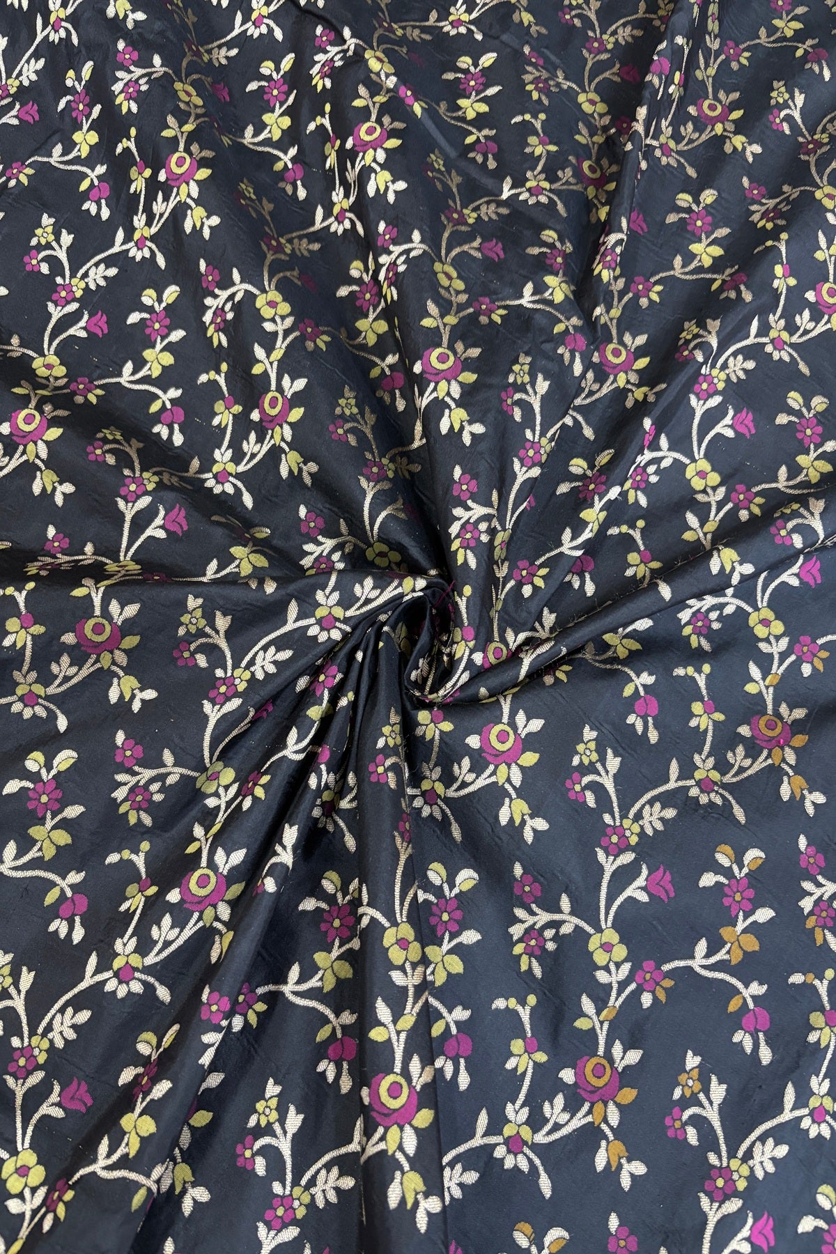 Silver Zari Jaal With Multi Floral Woven Pure Katan Silk Fabric