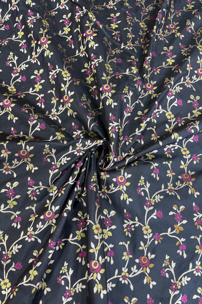 Silver Zari Jaal With Multi Floral Woven Pure Katan Silk Fabric