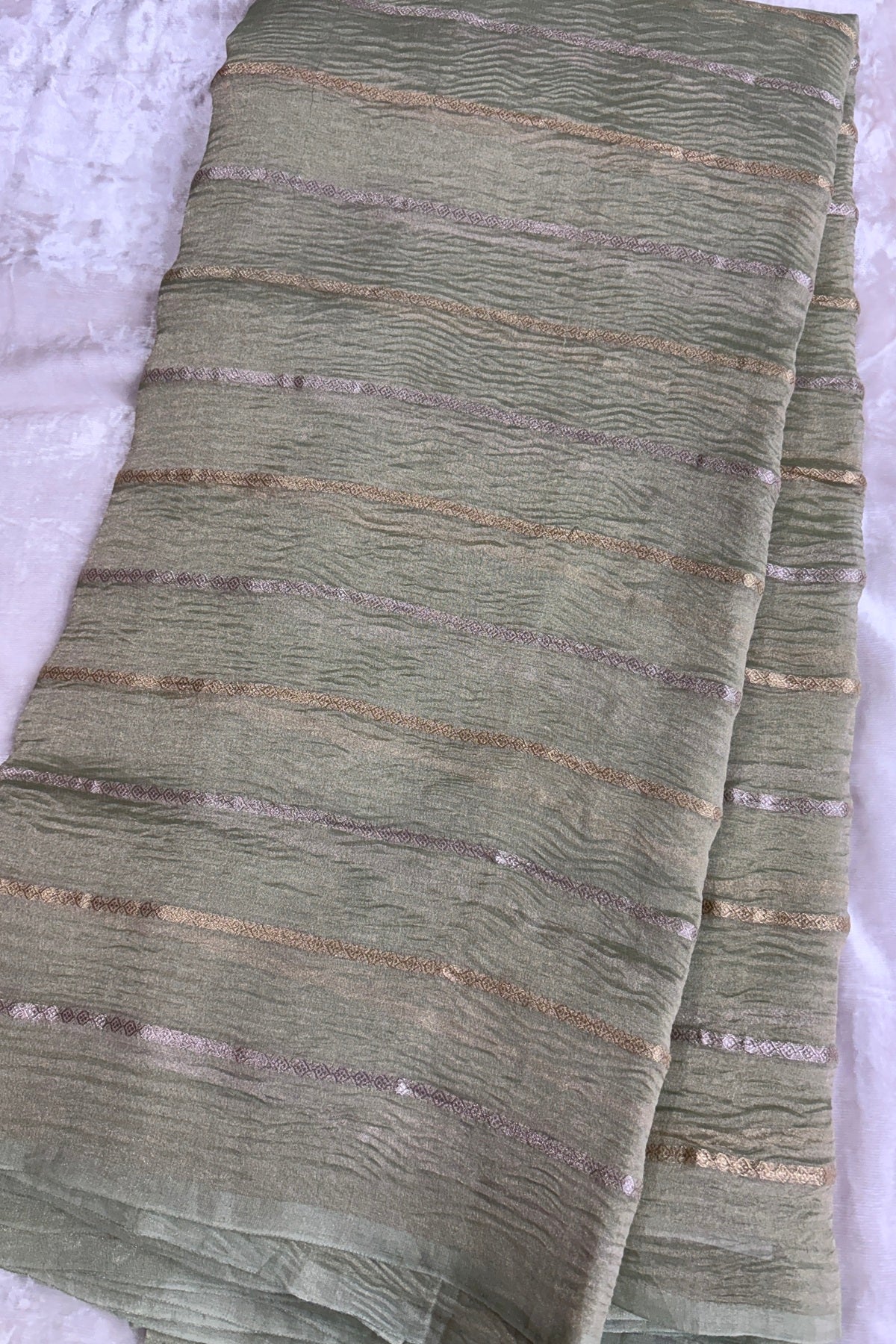 Crushed Banaras Organza Tissue Fabric With Horizontal Silver & Gold Zari Woven Lines