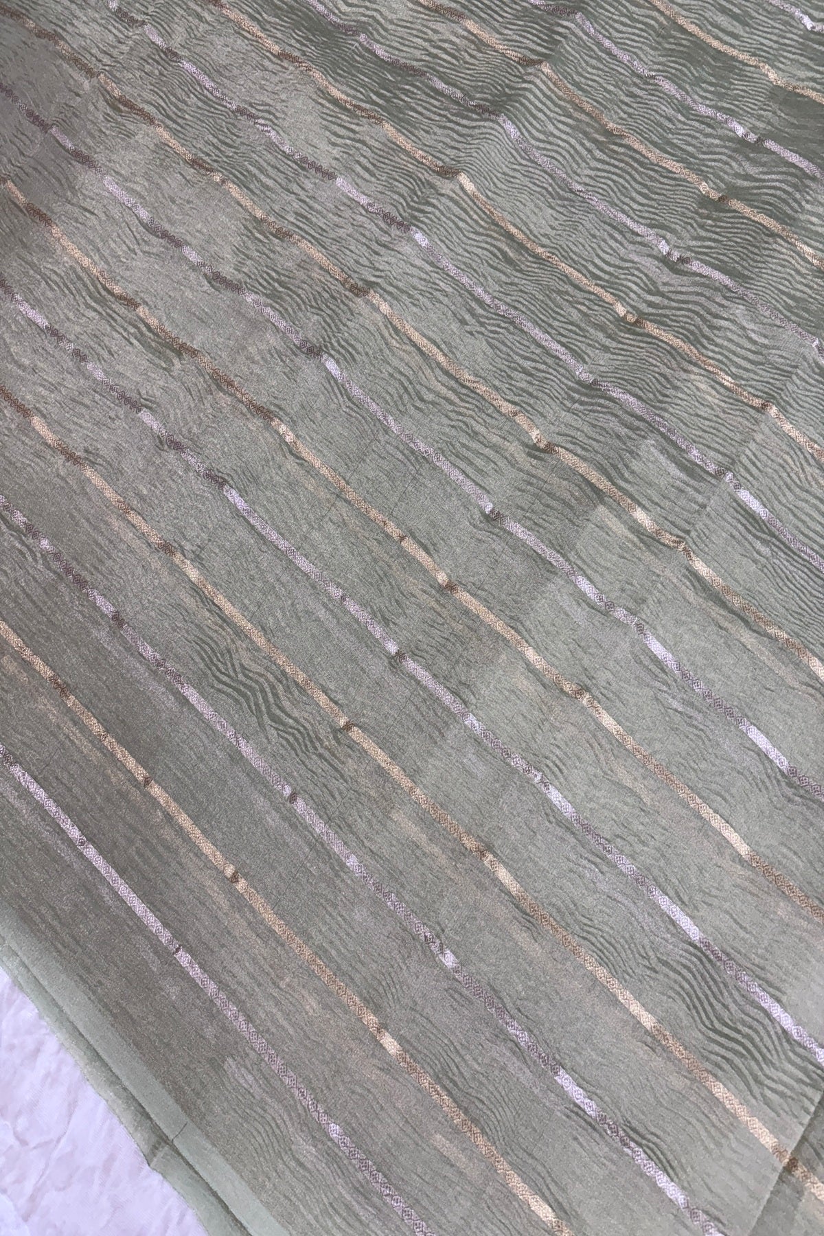 Crushed Banaras Organza Tissue Fabric With Horizontal Silver & Gold Zari Woven Lines