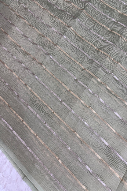 Crushed Banaras Organza Tissue Fabric With Horizontal Silver & Gold Zari Woven Lines