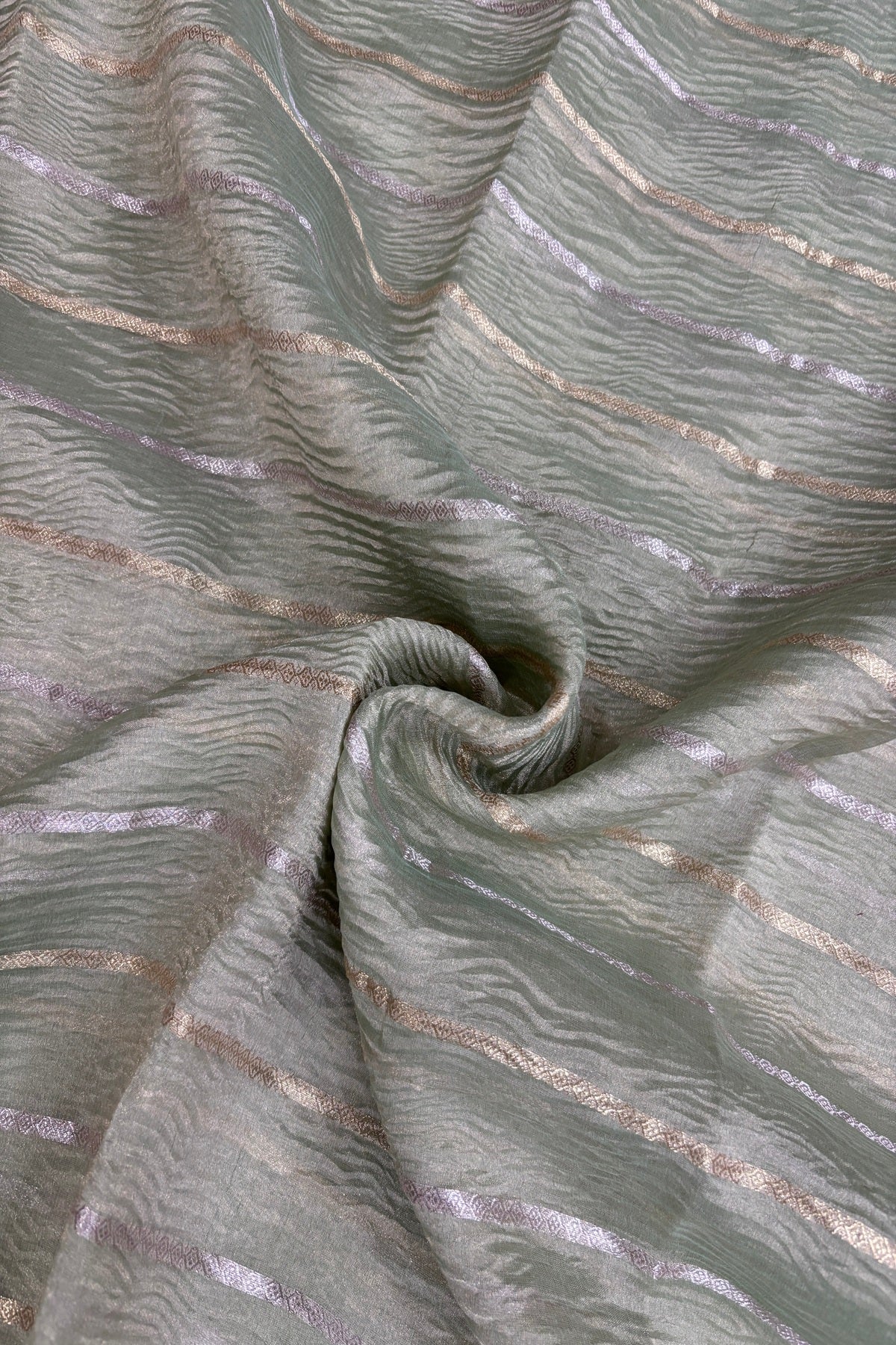 Crushed Banaras Organza Tissue Fabric With Horizontal Silver & Gold Zari Woven Lines
