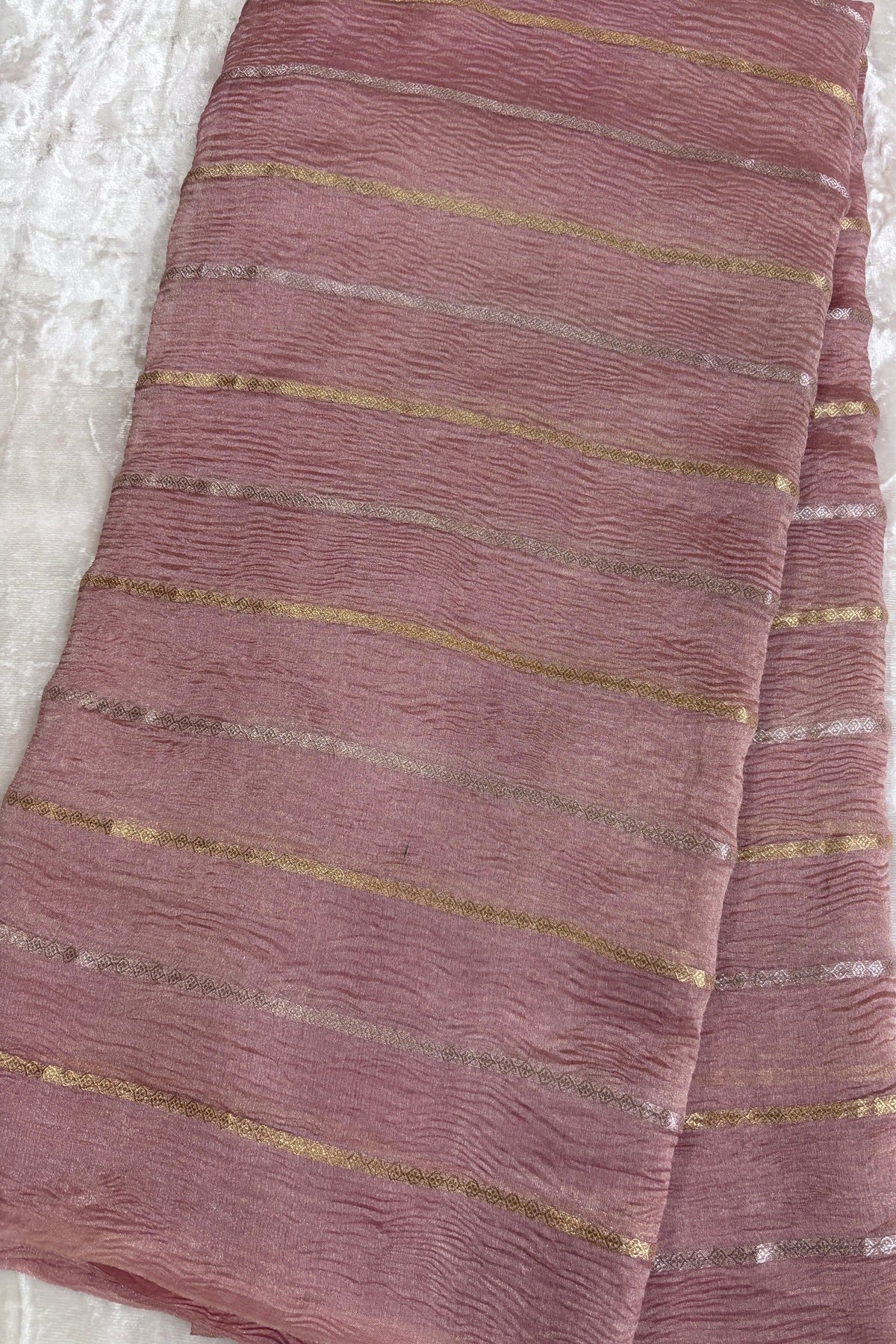 Crushed Banaras Organza Tissue Fabric With Horizontal Silver & Gold Zari Woven Lines