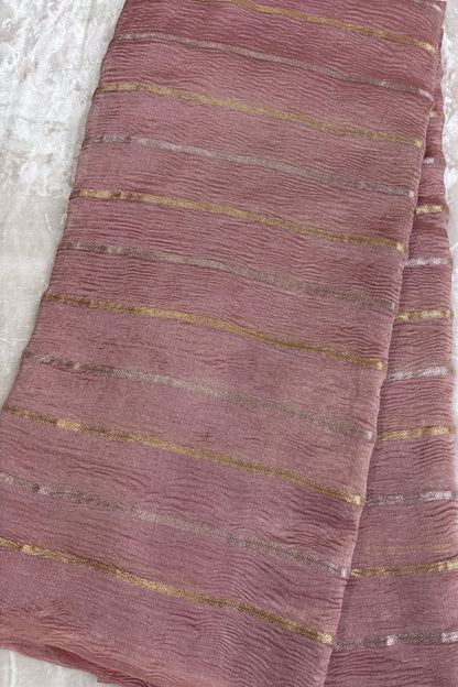 Crushed Banaras Organza Tissue Fabric With Horizontal Silver & Gold Zari Woven Lines