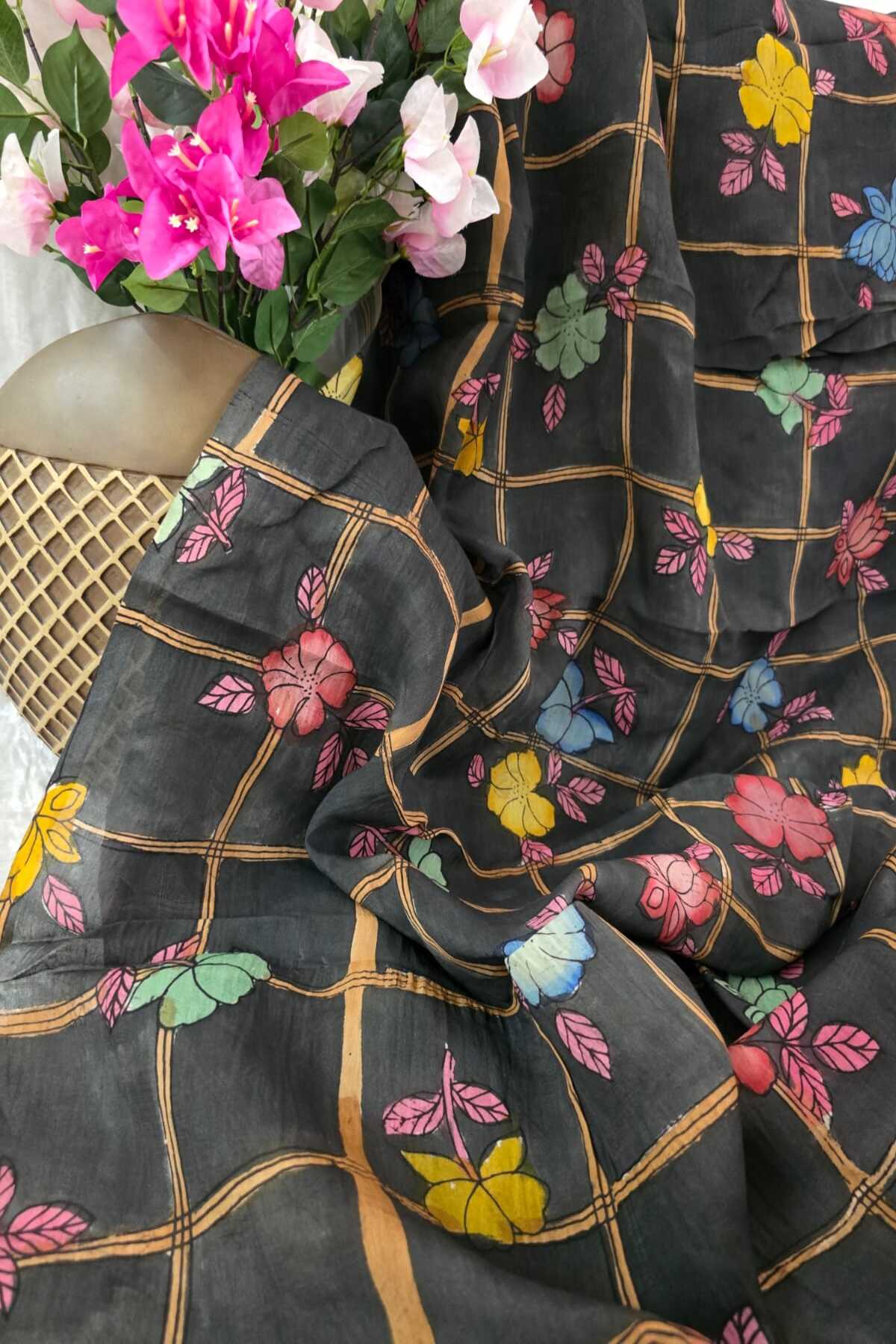Checkered Floral Hand Painted Pure Pen Kalamkari Fabric