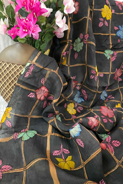 Checkered Floral Hand Painted Pure Pen Kalamkari Fabric