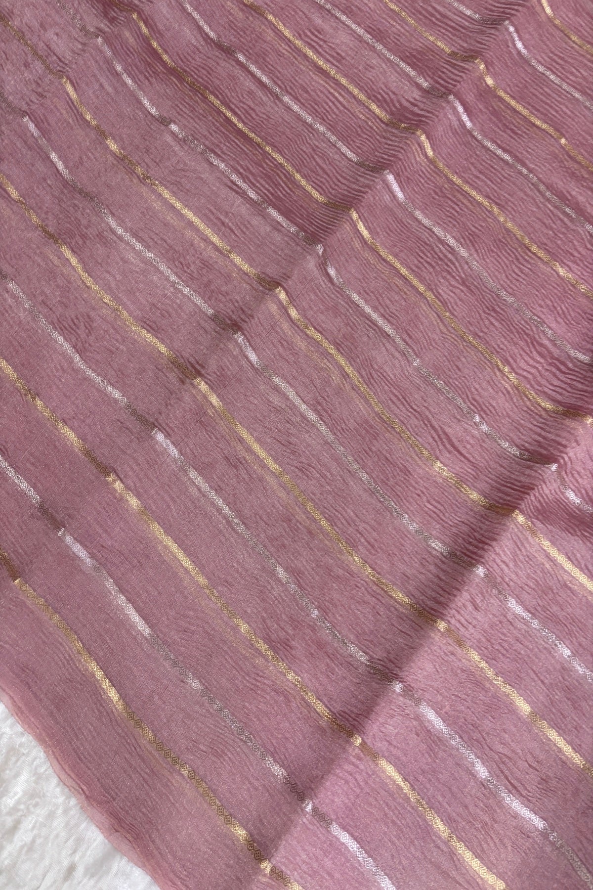 Crushed Banaras Organza Tissue Fabric With Horizontal Silver & Gold Zari Woven Lines