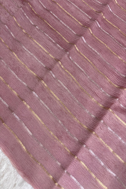 Crushed Banaras Organza Tissue Fabric With Horizontal Silver & Gold Zari Woven Lines