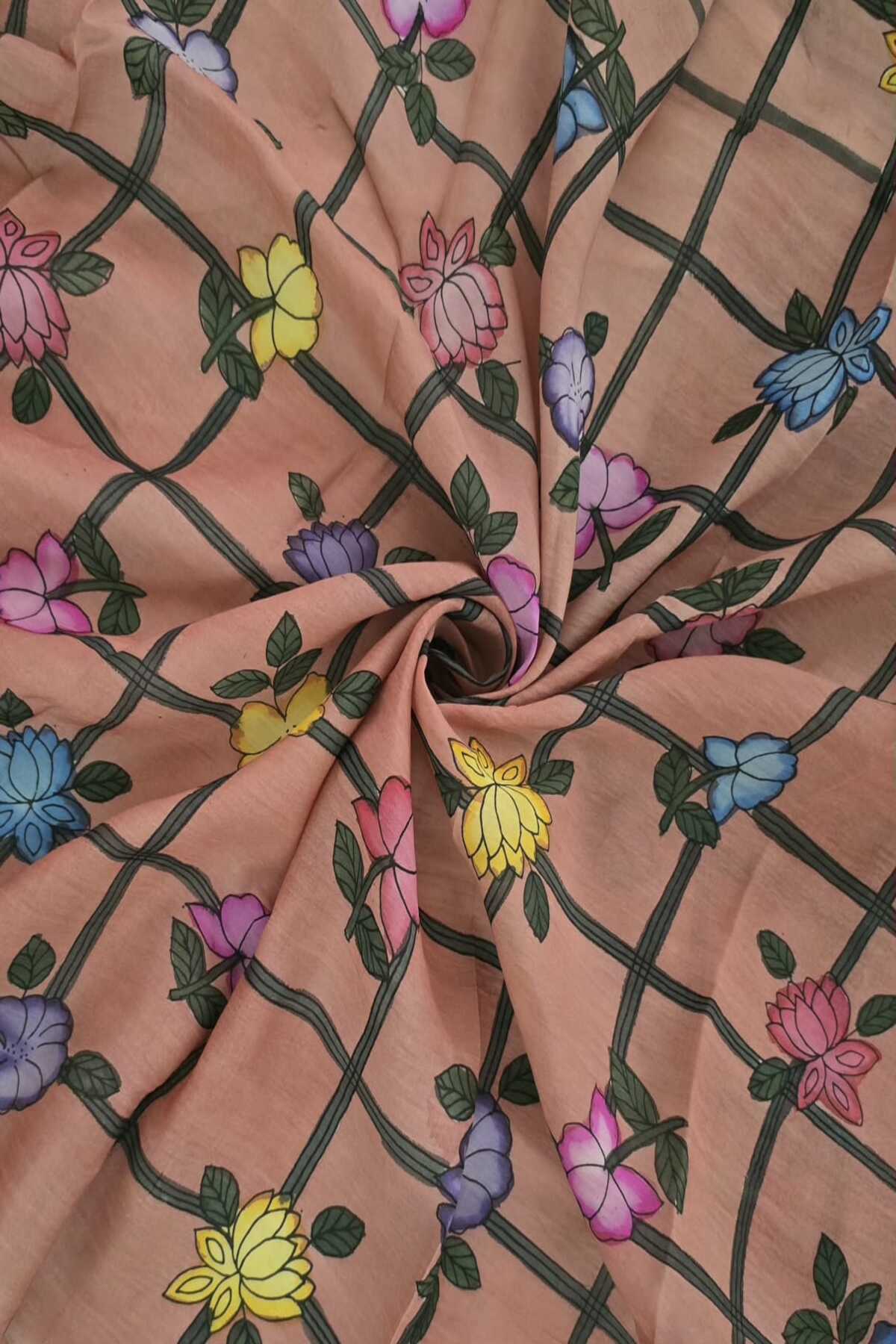 Checkered Floral Hand Painted Pure Pen Kalamkari Fabric