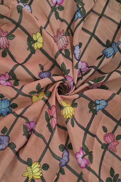 Checkered Floral Hand Painted Pure Pen Kalamkari Fabric