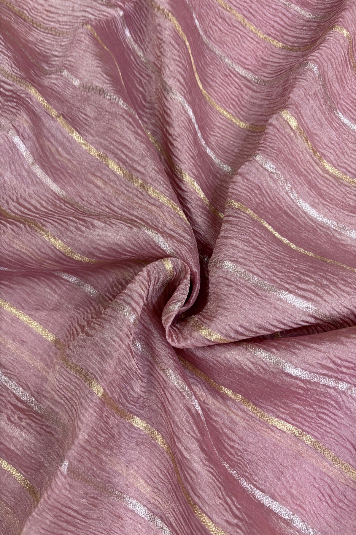 Crushed Banaras Organza Tissue Fabric With Horizontal Silver & Gold Zari Woven Lines