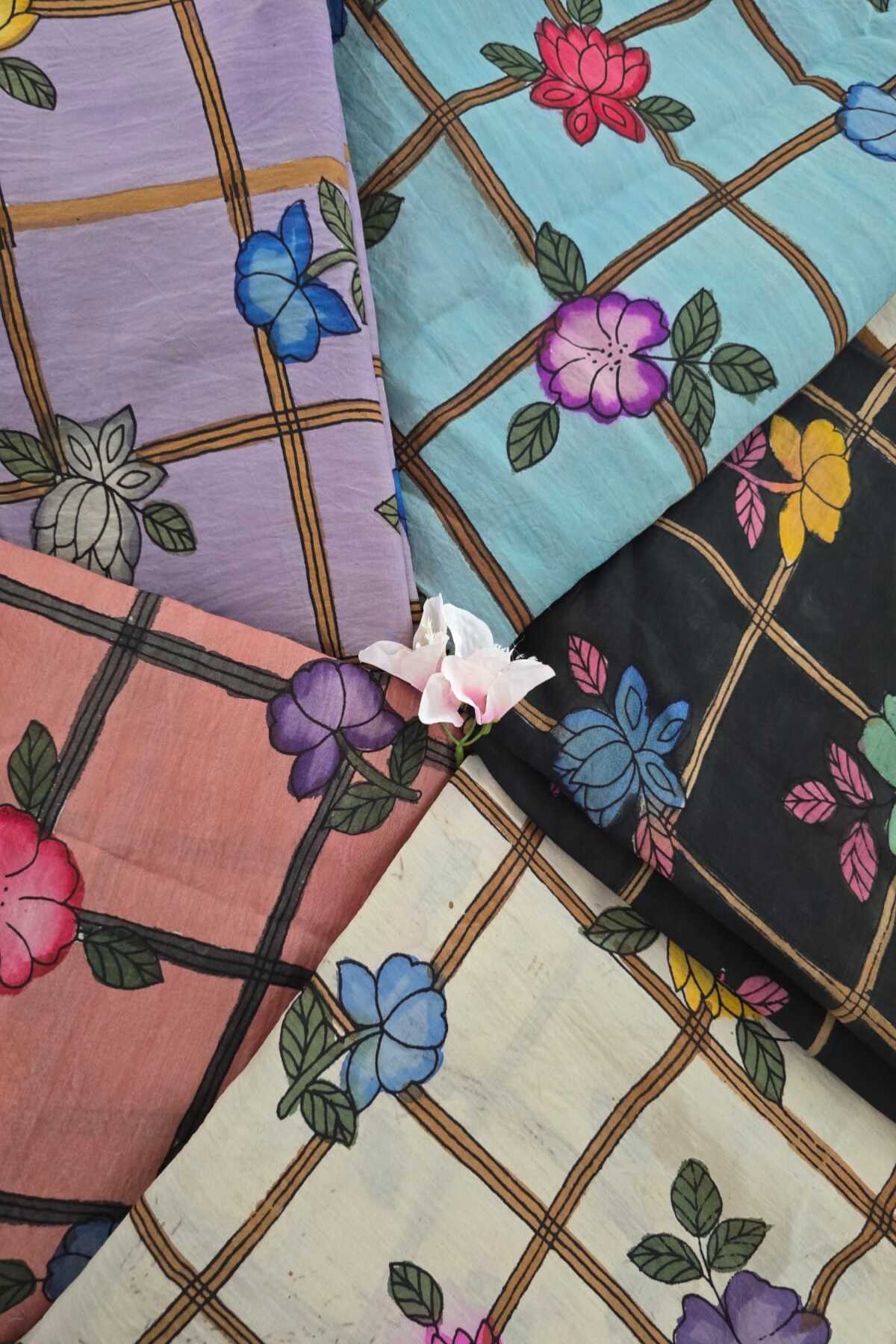 Checkered Floral Hand Painted Pure Pen Kalamkari Fabric