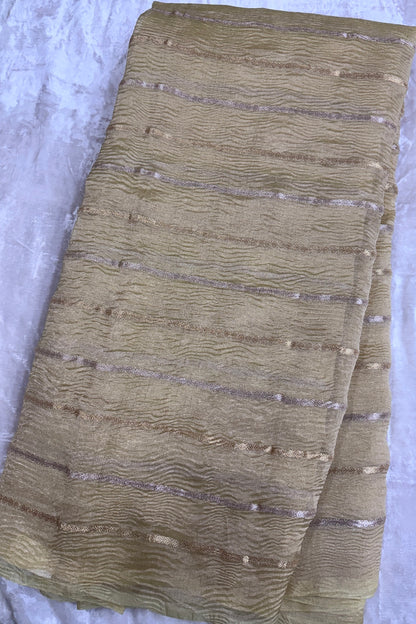 Crushed Banaras Organza Tissue Fabric With Horizontal Silver & Gold Zari Woven Lines