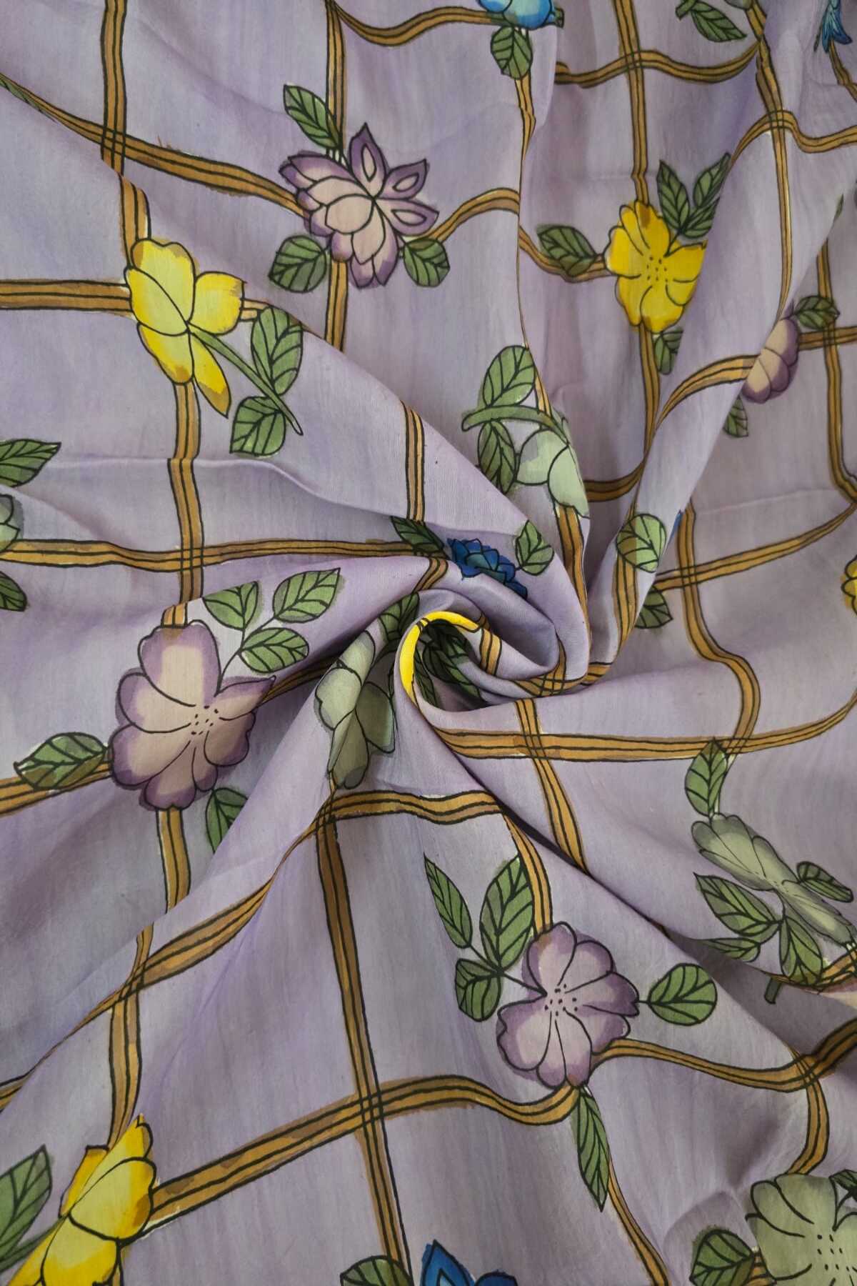 Checkered Floral Hand Painted Pure Pen Kalamkari Fabric