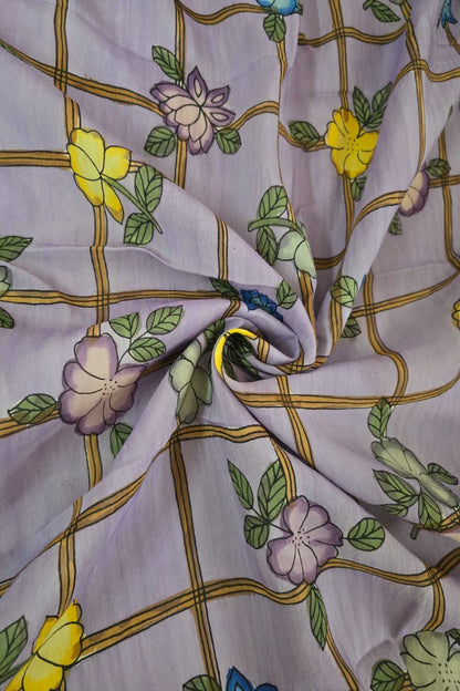 Checkered Floral Hand Painted Pure Pen Kalamkari Fabric