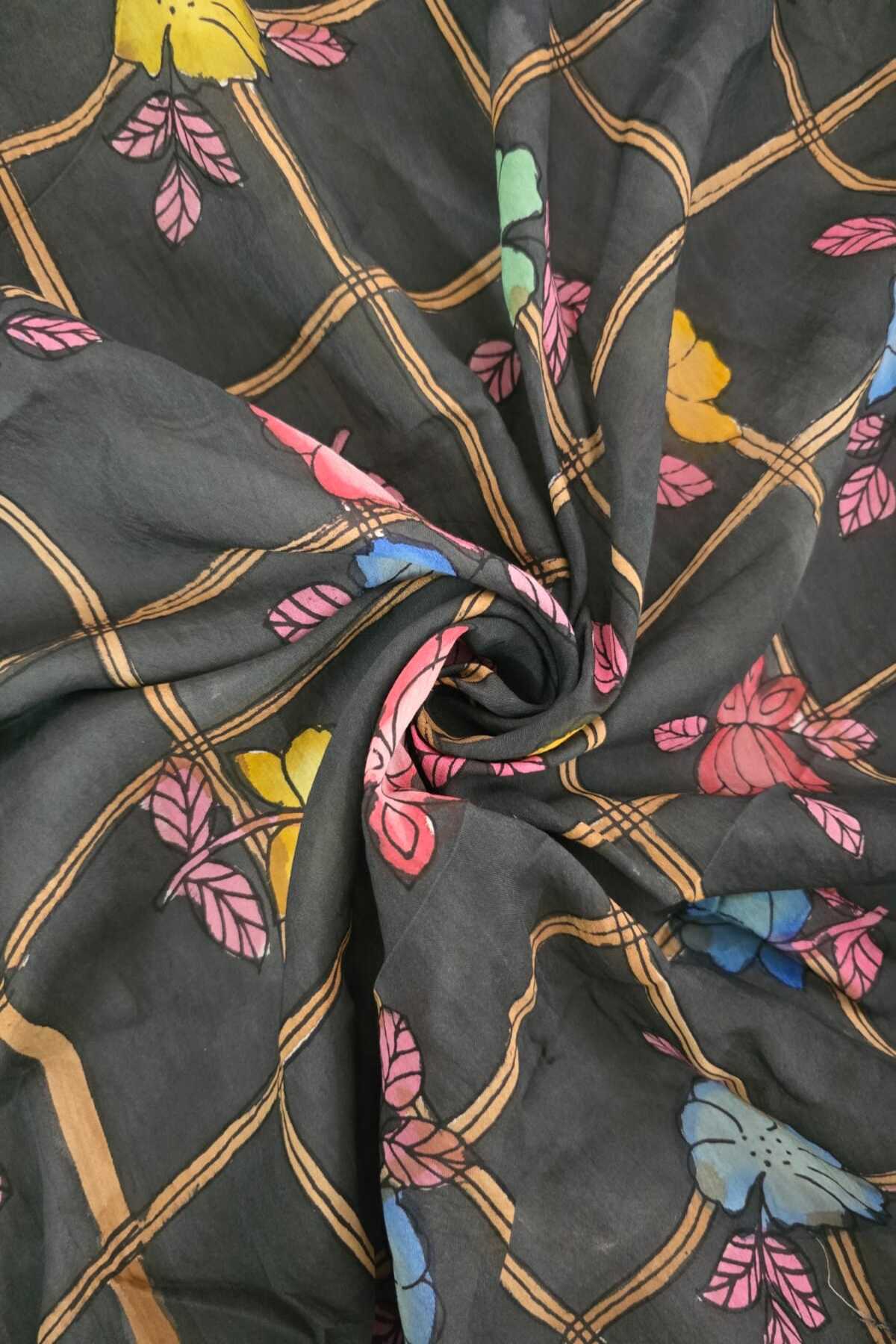 Checkered Floral Hand Painted Pure Pen Kalamkari Fabric