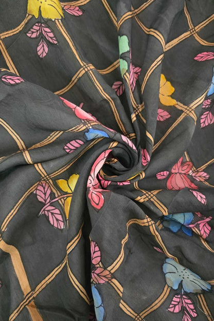 Checkered Floral Hand Painted Pure Pen Kalamkari Fabric