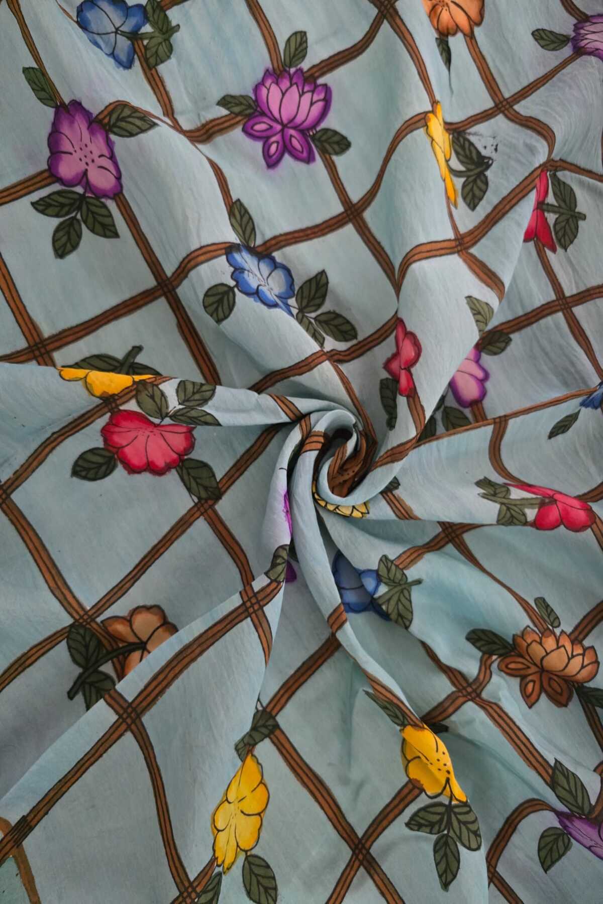 Checkered Floral Hand Painted Pure Pen Kalamkari Fabric