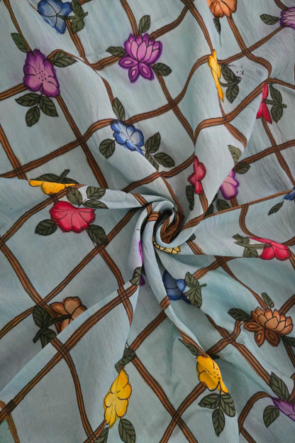 Checkered Floral Hand Painted Pure Pen Kalamkari Fabric